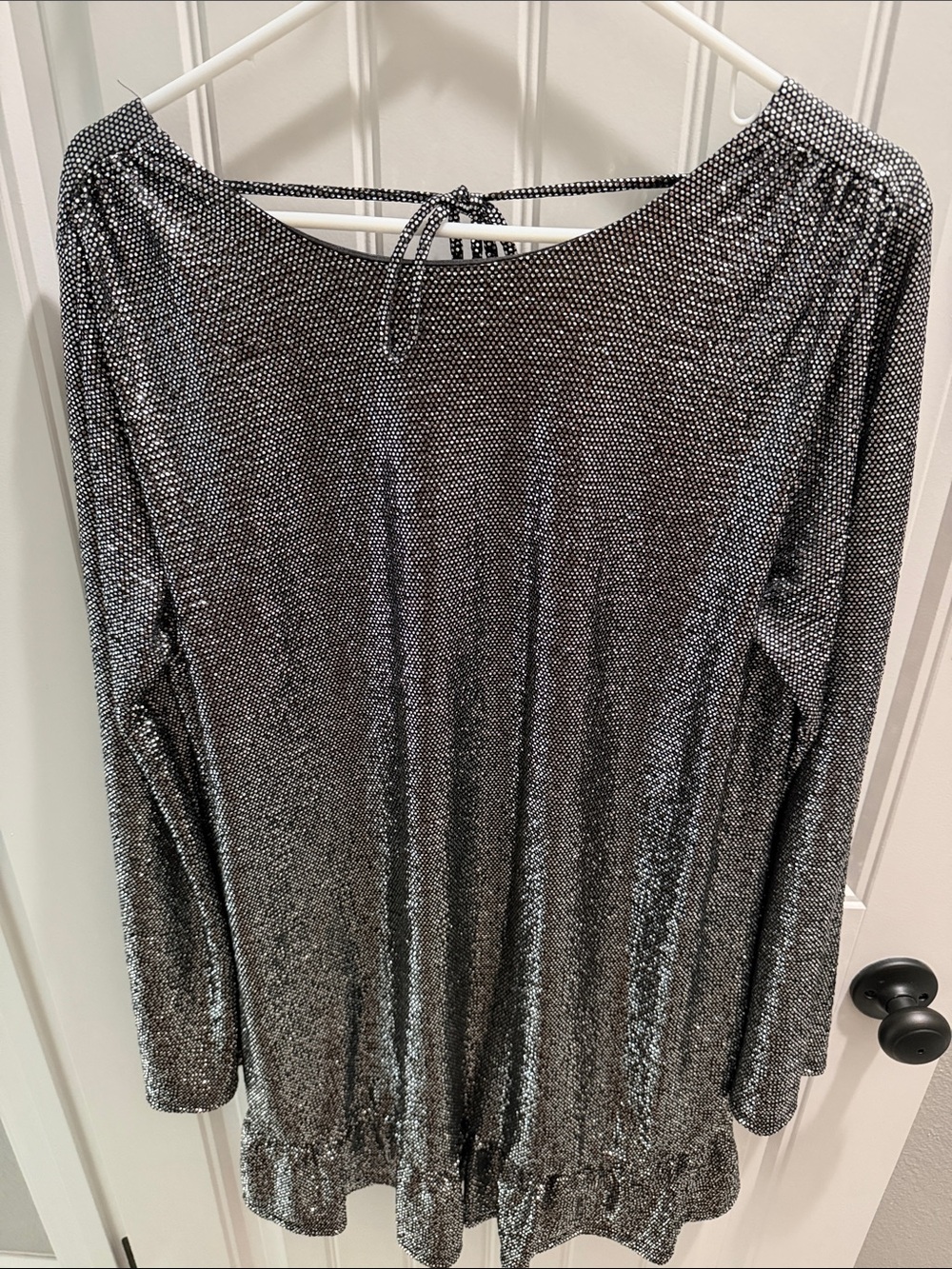 Shimmer Long-Sleeve Ruffle Hem Dress - Silver